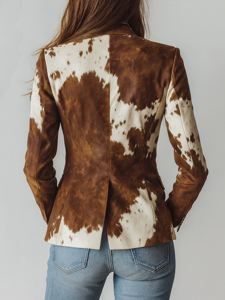 Cow Print Leather-Look Blazer in Brown — VerolynBoutique