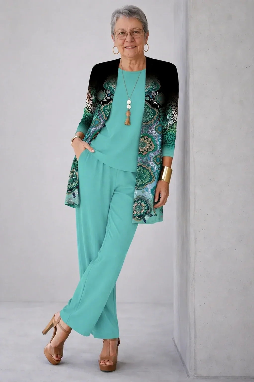 Verolyn mandala print cardigan three-piece set in turquoise