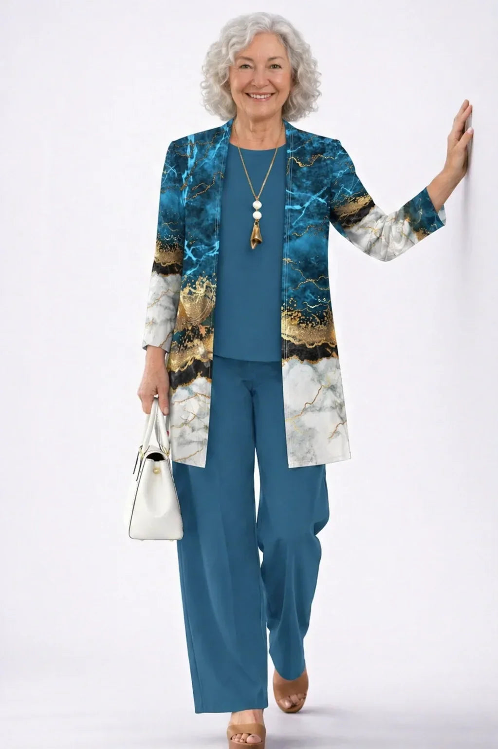 Verolyn marble print cardigan three-piece set in teal