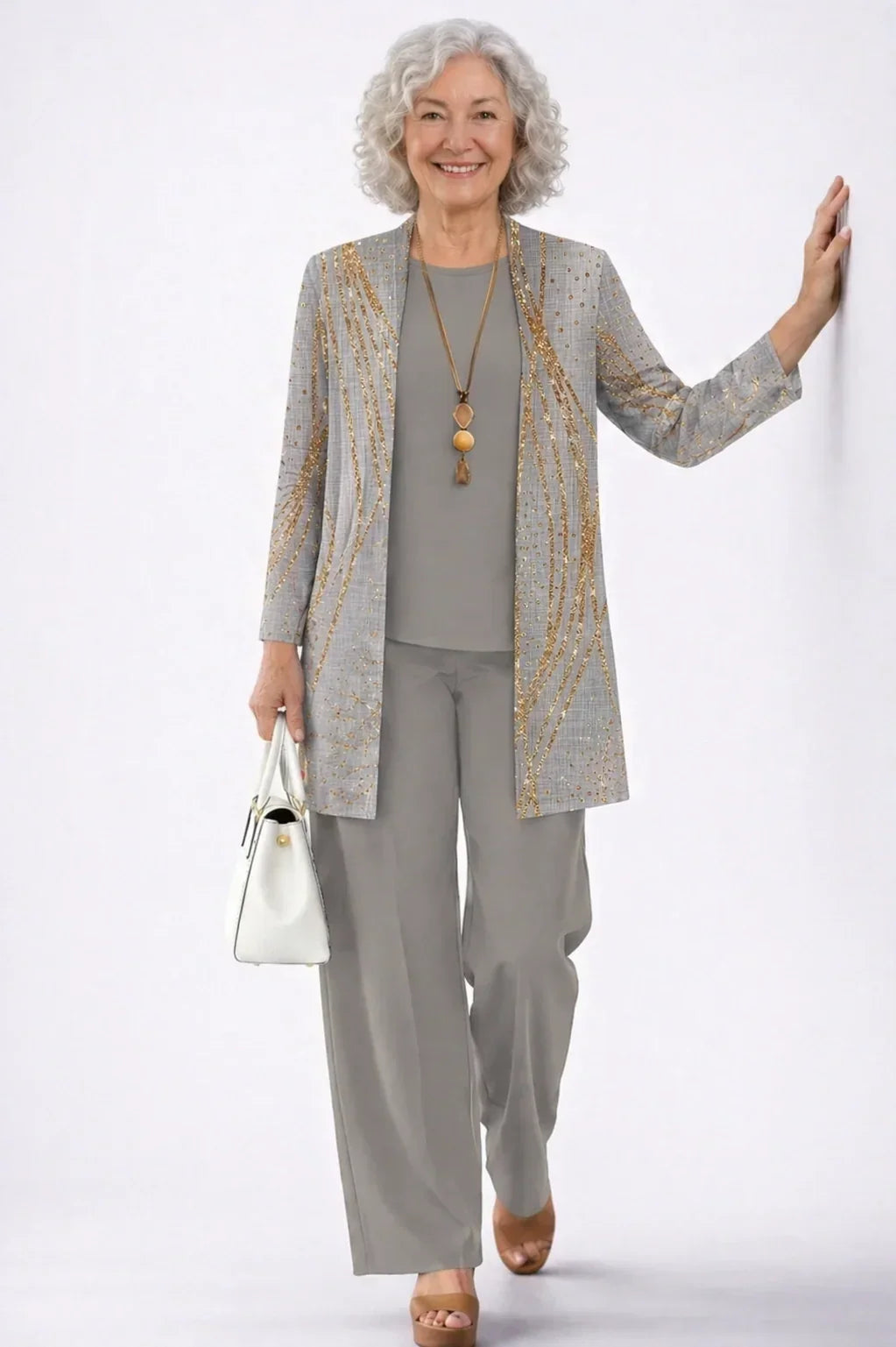 Verolyn gold print cardigan three-piece set in taupe grey