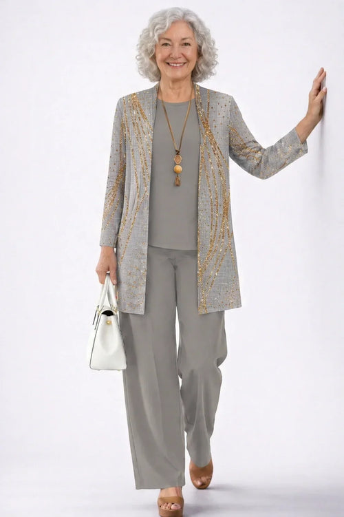 Verolyn gold print cardigan three-piece set in taupe grey