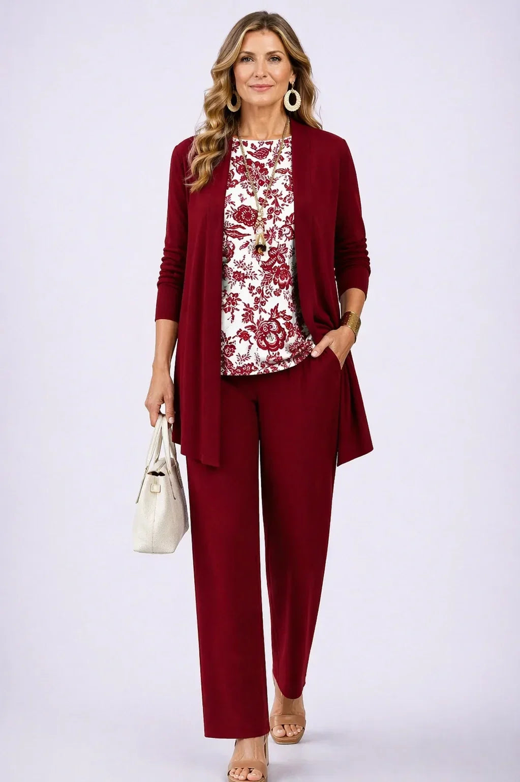 Verolyn floral top burgundy three-piece set in burgundy