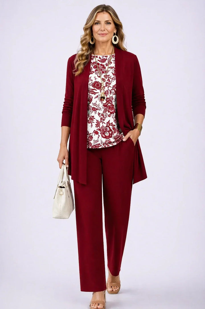 Verolyn floral top burgundy three-piece set in burgundy