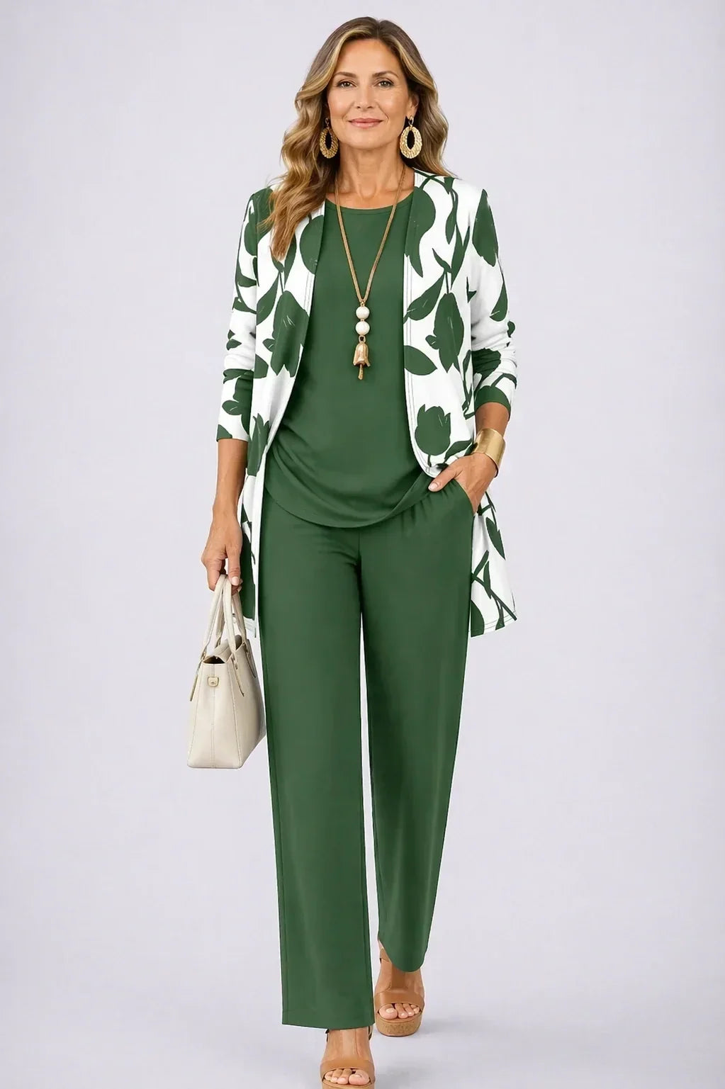 Verolyn leaf print cardigan three-piece set in bottle green