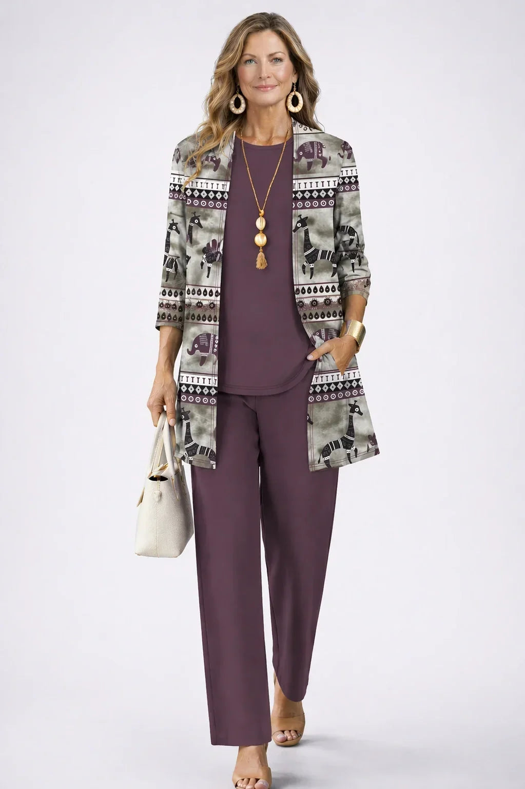 Verolyn plum printed cardigan three-piece set in plum
