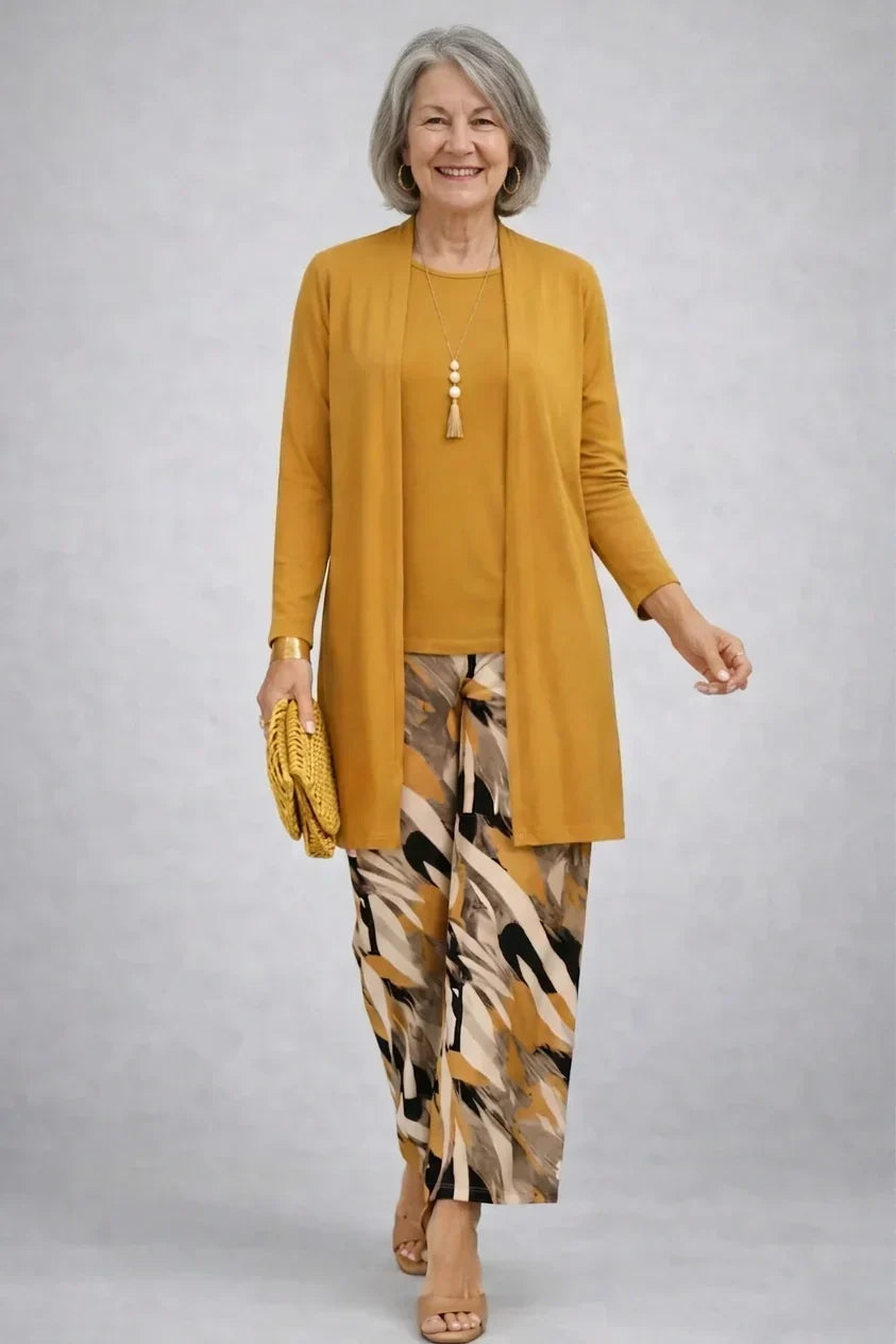Verolyn mustard printed trouser three-piece set in mustard