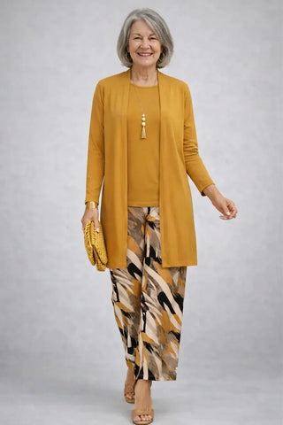 Verolyn mustard printed trouser three-piece set in mustard