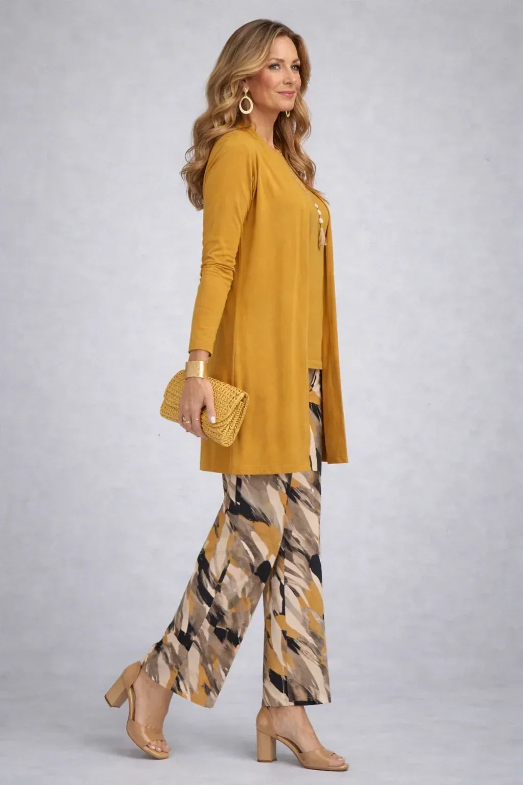 Verolyn mustard printed trouser three-piece set – view 2