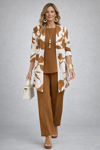 Verolyn caramel printed cardigan three-piece set in caramel