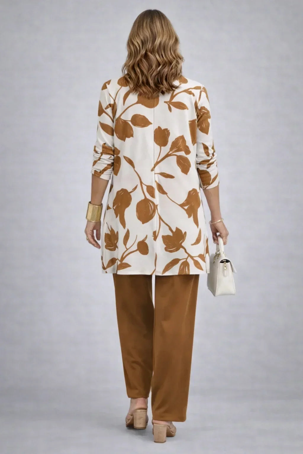 Verolyn caramel printed cardigan three-piece set – view 2
