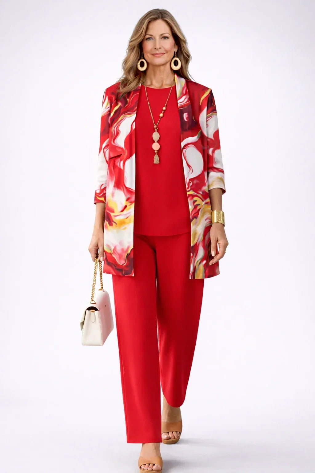 Verolyn wave print cardigan three-piece set in red