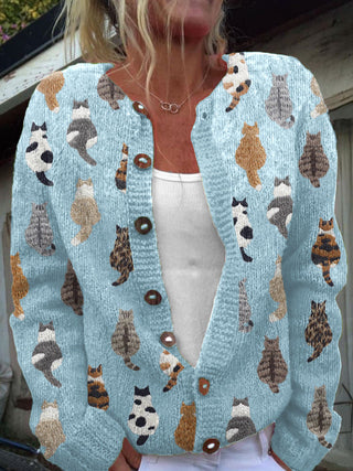 Verolyn cosy cat print knit cardigan in blue