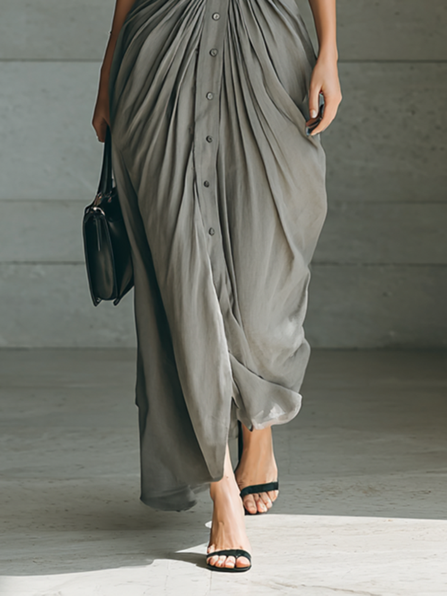 Pleated Maxi Shirt Dress in Grey — VerolynBoutique