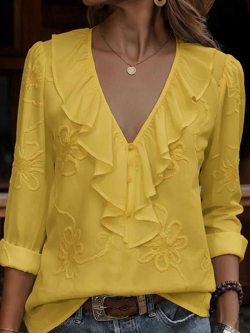 Embroidered Ruffle V-Neck Blouse in Yellow — VerolynBoutique