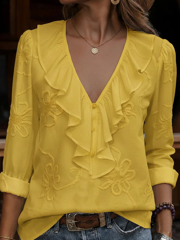 Embroidered Ruffle V-Neck Blouse in Yellow — VerolynBoutique