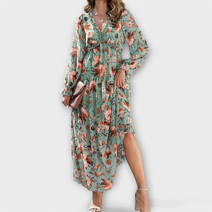 Floral V-Neck Tiered Maxi Dress in Green — VerolynBoutique