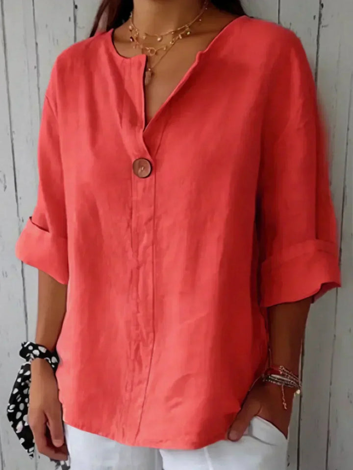 Single Button V-Neck Blouse in Red — VerolynBoutique