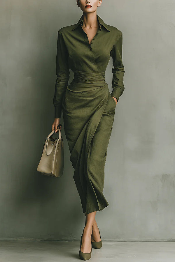 Collared Wrap Waist Midi Dress in Green — VerolynBoutique
