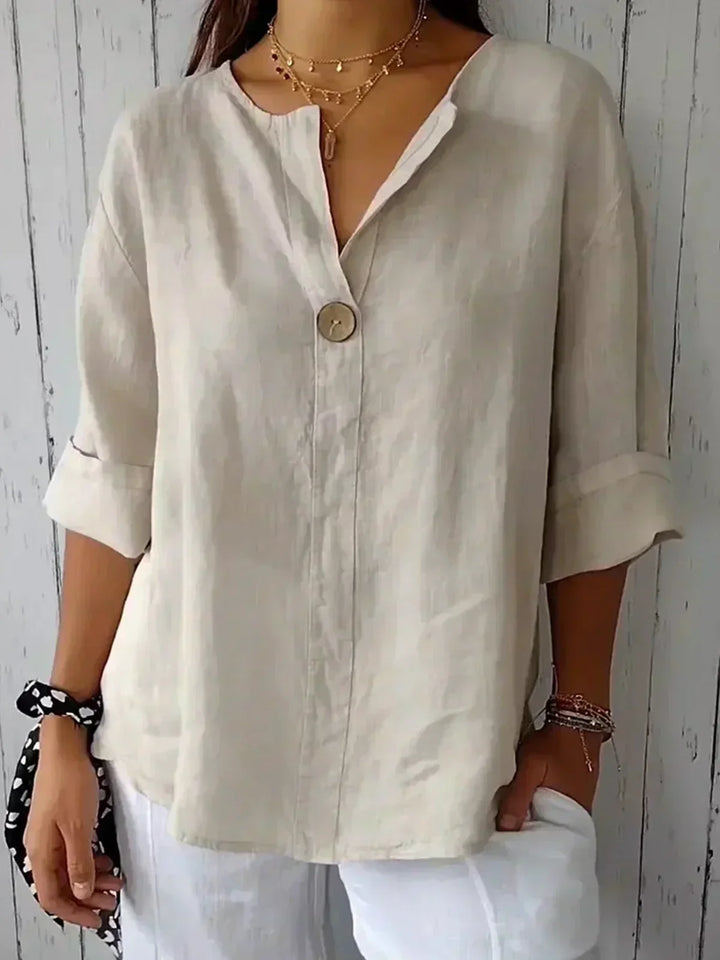 Single Button V-Neck Blouse in Beige — VerolynBoutique