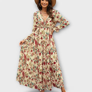 Floral V-Neck Tiered Maxi Dress in Apricot — VerolynBoutique