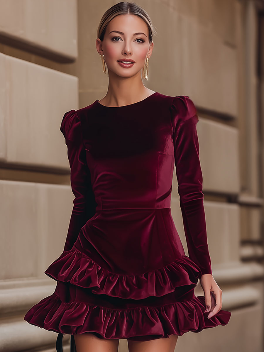 Velvet Ruffle Hem Mini Dress in Burgundy — VerolynBoutique