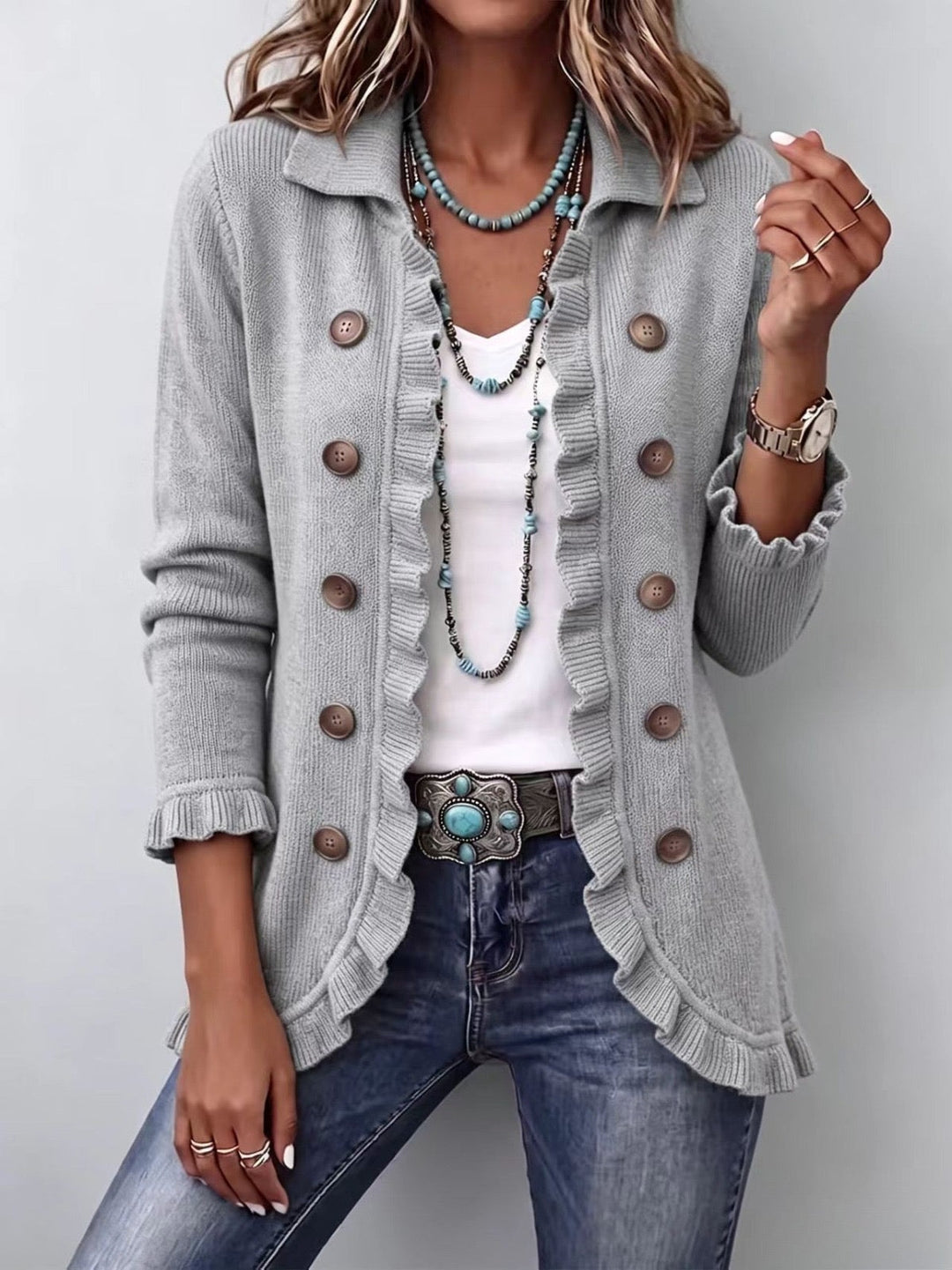 Verolyn grey marl ribbed ruffle jacket in grey marl