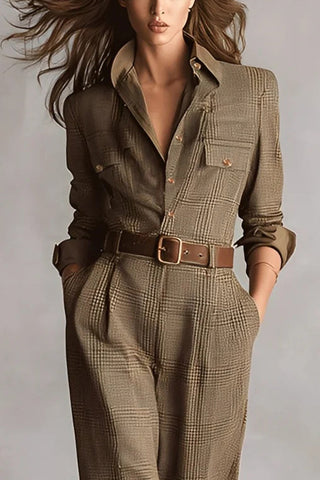 Belted Check Shirt Jumpsuit in Brown — VerolynBoutique