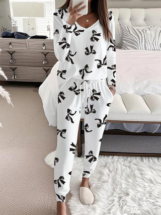 Bow Print V-Neck Lounge Set in White — VerolynBoutique