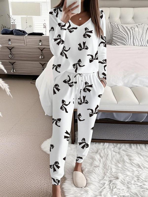 Bow Print V-Neck Lounge Set in White — VerolynBoutique