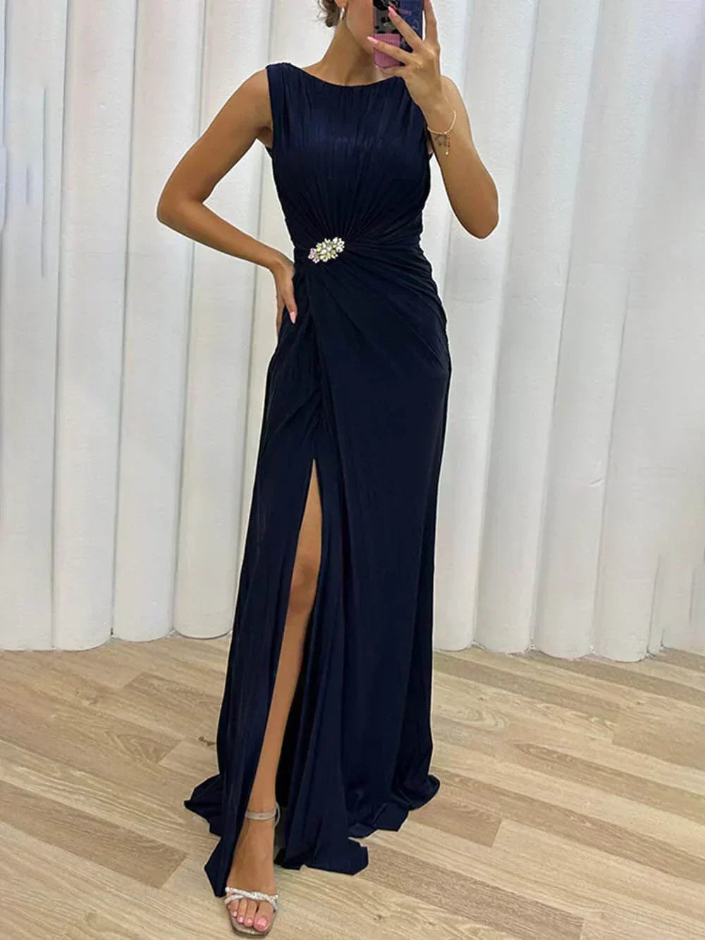 Pleated Brooch Evening Gown in Navy — VerolynBoutique