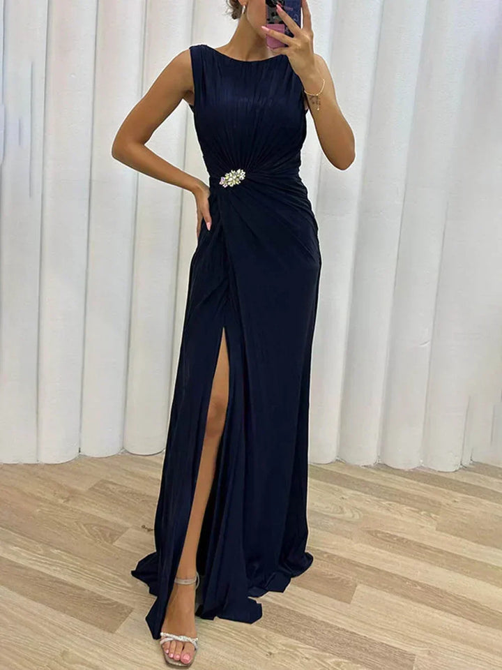 Pleated Brooch Evening Gown in Navy — VerolynBoutique
