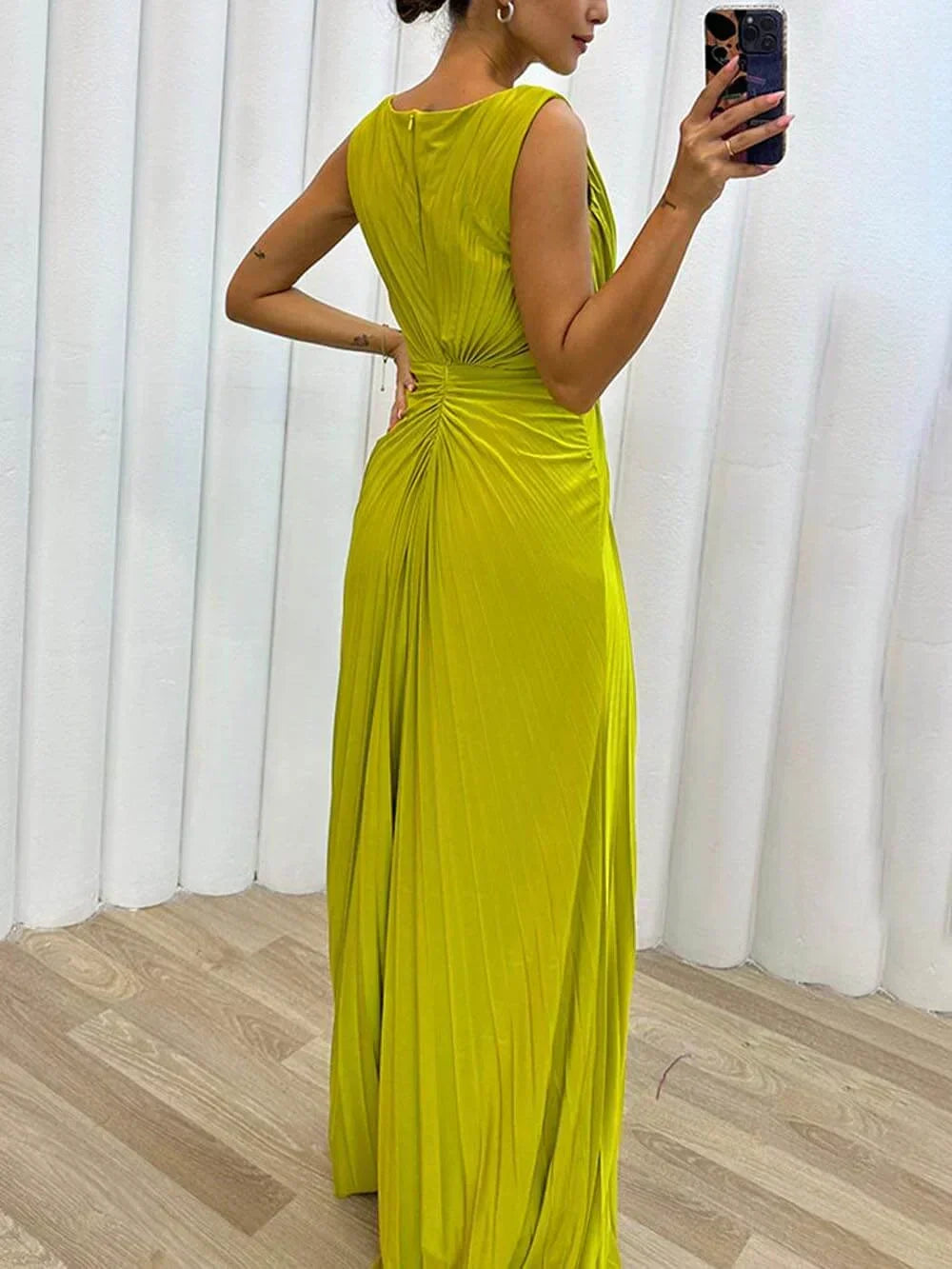 Pleated Brooch Evening Gown in Yellow — VerolynBoutique