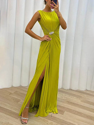 Pleated Brooch Evening Gown in Yellow — VerolynBoutique