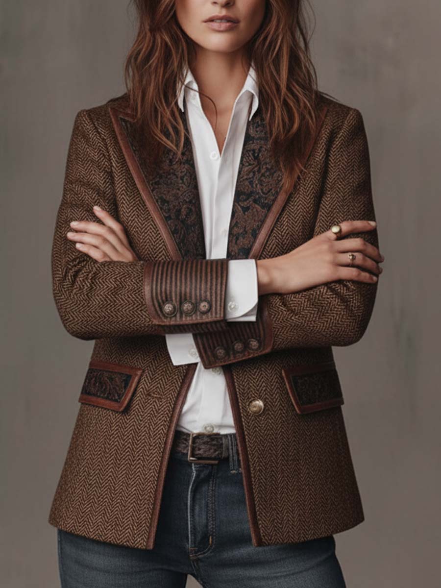 Herringbone Printed Panel Blazer in Brown — VerolynBoutique