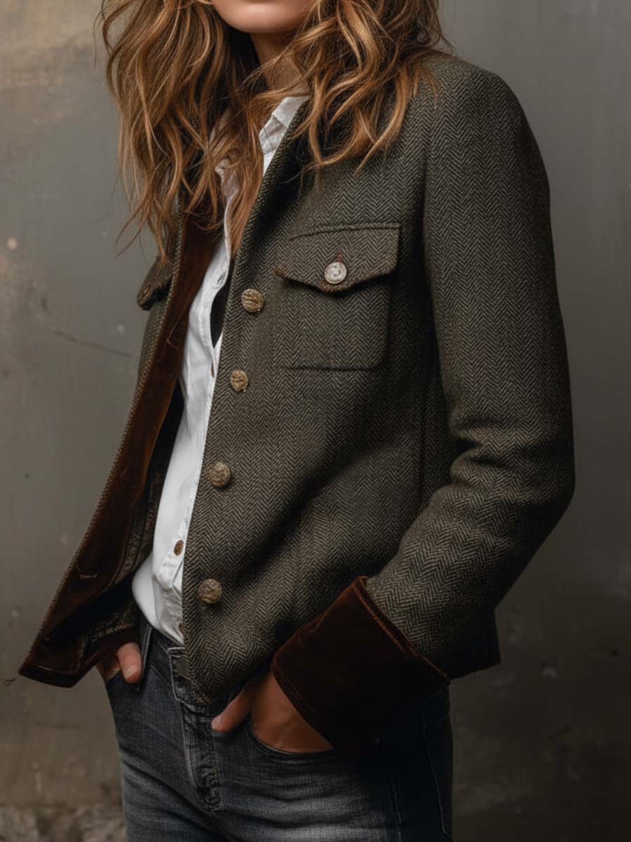Herringbone Contrast Trim Blazer in Olive — VerolynBoutique