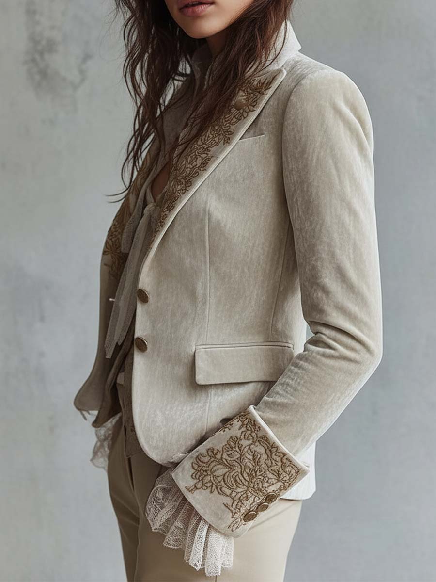 Gold Embroidered Tailored Blazer in Ivory — VerolynBoutique