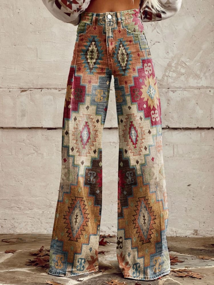 Aztec Print Wide Leg Trousers in Brown — VerolynBoutique
