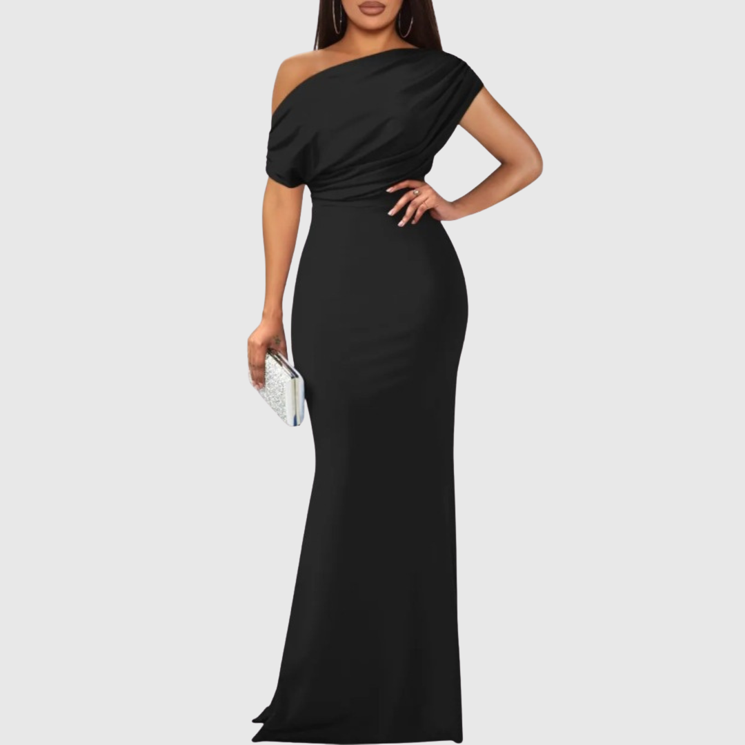 Draped One-Shoulder Formal Gown in Black — VerolynBoutique