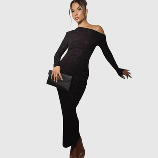 One-Shoulder Glitter Maxi Dress in Black — VerolynBoutique
