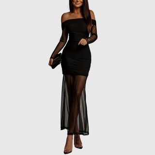 Off-Shoulder Mesh Evening Dress in Coffee Brown — VerolynBoutique