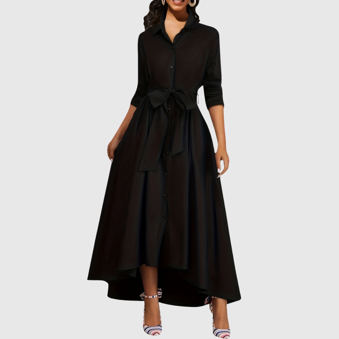 Button-Front Belted Maxi Dress in Navy — VerolynBoutique