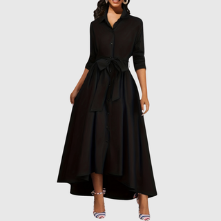 Button-Front Belted Maxi Dress in Navy — VerolynBoutique