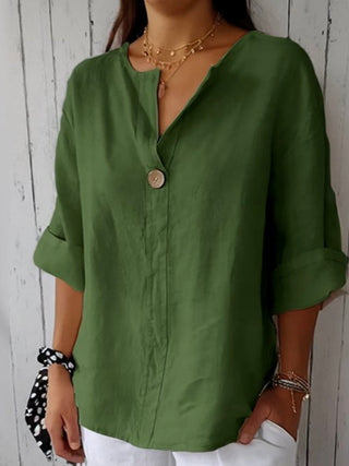 Single Button V-Neck Blouse in Green — VerolynBoutique