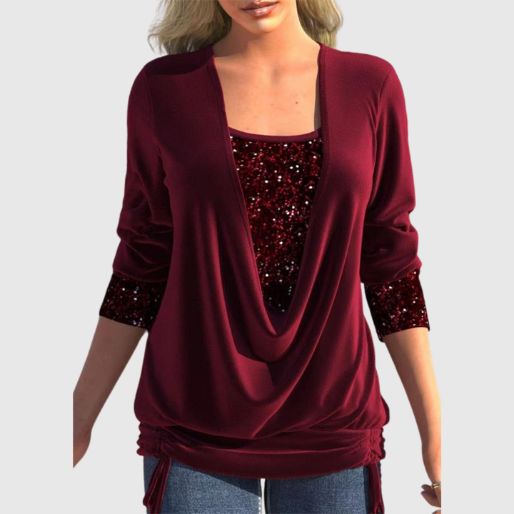 Sequin Layer Draped Blouse in Red — VerolynBoutique