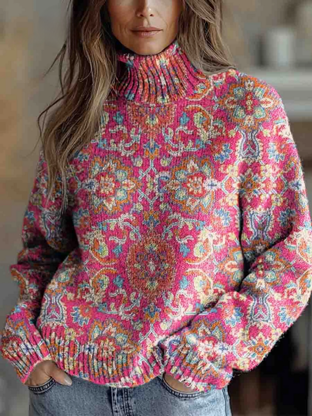 Ornate Floral Turtleneck Jumper in Multicolour — VerolynBoutique