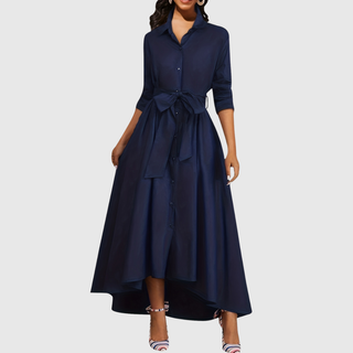 Button-Front Belted Maxi Dress in Navy — VerolynBoutique