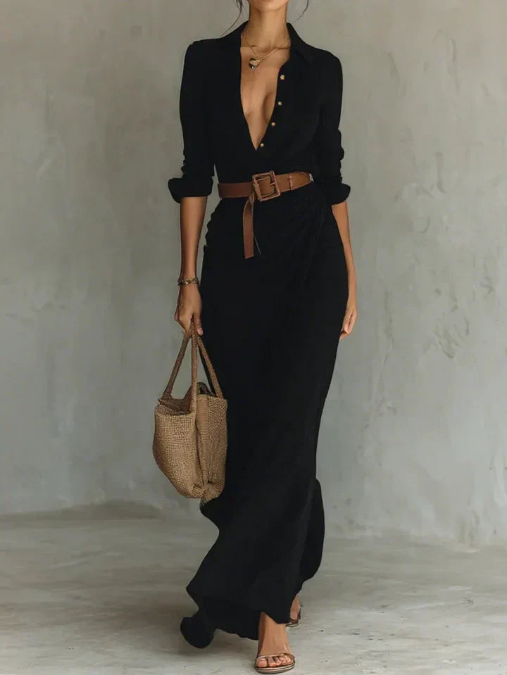 Lapel Wrap Belted Maxi Dress in Black — VerolynBoutique
