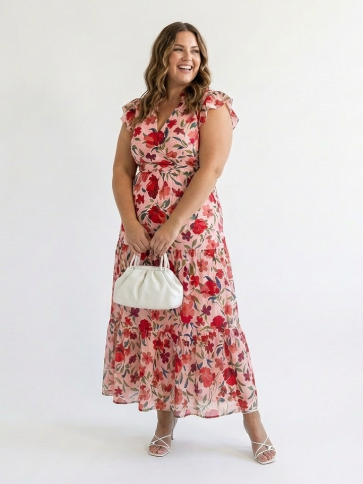 Floral V-Neck Tiered Midi Dress in Green — VerolynBoutique