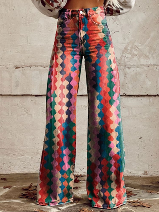 Harlequin Print Wide Leg Trousers in Red — VerolynBoutique