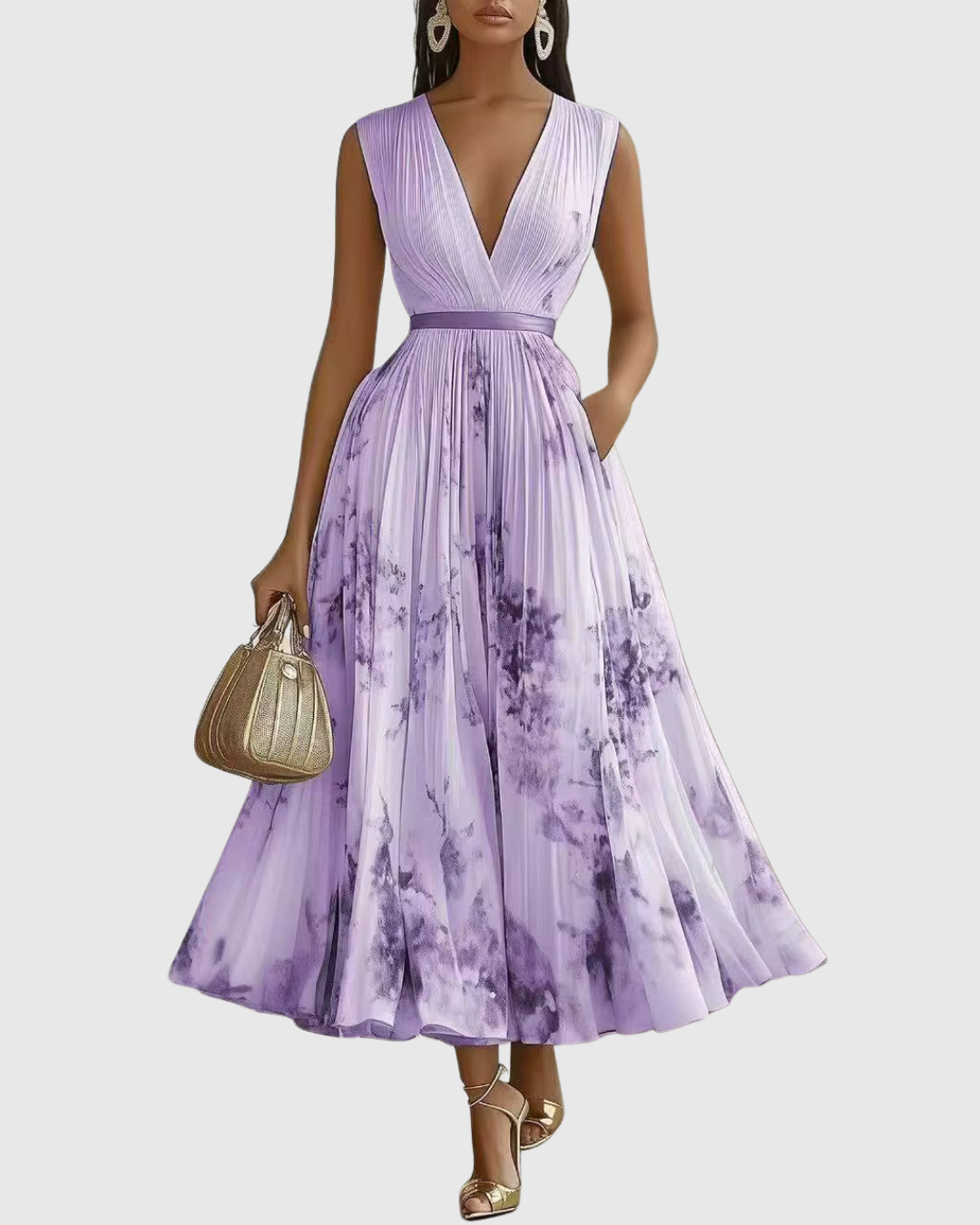 Verolyn - Pleated V-Neck Maxi Dress